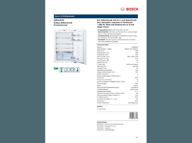 BOSCH KIR21AF40 Kühlschrank (65 kWh/Jahr, A   , 874 mm hoch, Weiß), BOSCH, KIR21AF40, Kühlschrank, 65, kWh/Jahr, A, , 874, mm, hoch, Weiß,