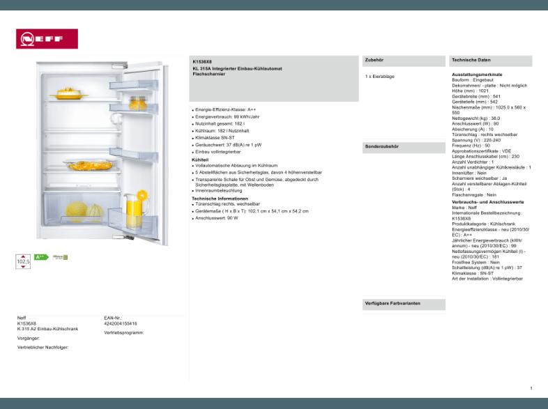 NEFF K 315 A2 Kühlschrank (99 kWh/Jahr, A  , 541 mm hoch), NEFF, K, 315, A2, Kühlschrank, 99, kWh/Jahr, A, , 541, mm, hoch,