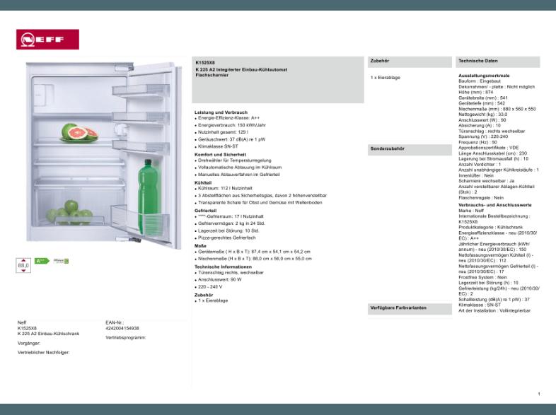 NEFF K1525X8 Kühlschrank (150 kWh/Jahr, A  , 874 mm hoch, Weiß)