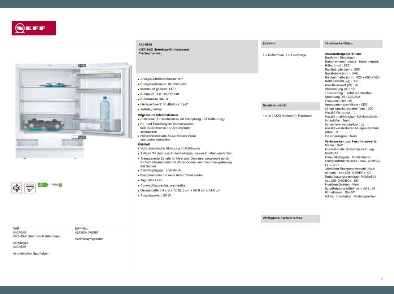 NEFF K4316X8 Kühlschrank (92 kWh/Jahr, A  , 820 mm hoch, Weiß)