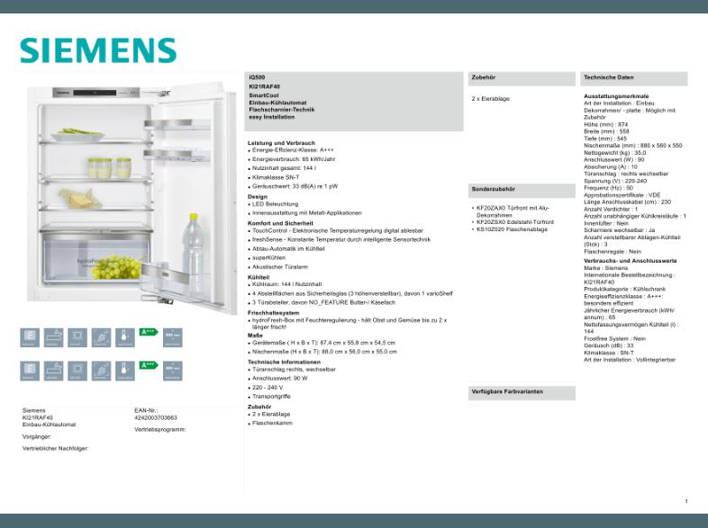 SIEMENS KI21RAF40 Kühlschrank (65 kWh/Jahr, A   , 874 mm hoch, Weiß)