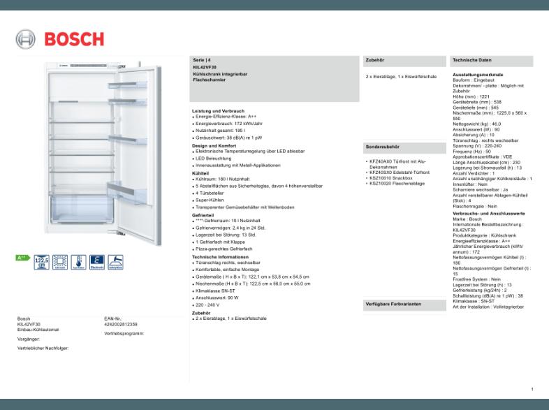 BOSCH KFL42VF30 Kühlschrank (172 kWh/Jahr, A  , 1221 mm hoch, Weiß)