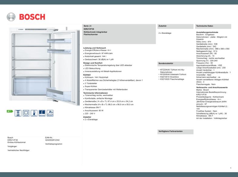 BOSCH KFR21VF30 Kühlschrank (97 kWh/Jahr, A  , 874 mm hoch, Weiß)