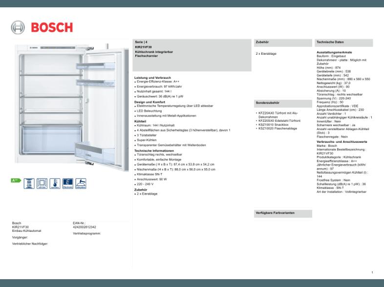 BOSCH KFR21VF30 Kühlschrank (97 kWh/Jahr, A  , 874 mm hoch, Weiß), BOSCH, KFR21VF30, Kühlschrank, 97, kWh/Jahr, A, , 874, mm, hoch, Weiß,