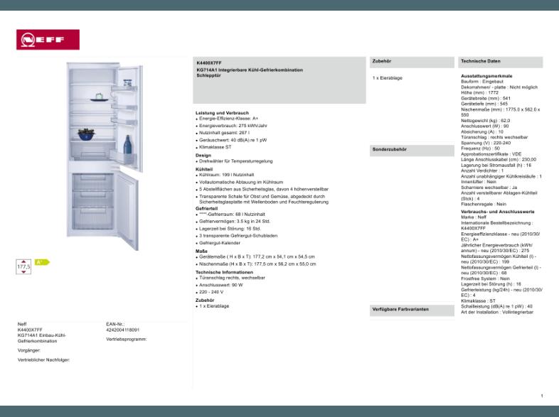 NEFF KG714A1 Kühlgefrierkombination (275 kWh, A , 1772 mm hoch, Weiß)