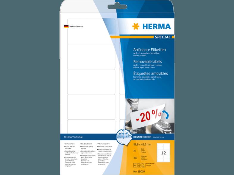 HERMA 10010 Ablösbare Etiketten 88.9x46.6 mm A4 300 St., HERMA, 10010, Ablösbare, Etiketten, 88.9x46.6, mm, A4, 300, St.