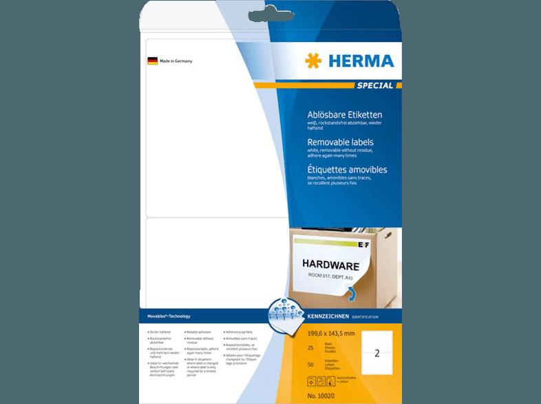 HERMA 10020 Ablösbare Etiketten 199.6x143.5 mm A4 50 St., HERMA, 10020, Ablösbare, Etiketten, 199.6x143.5, mm, A4, 50, St.