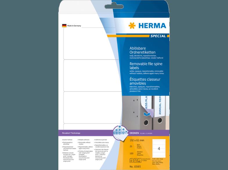 HERMA 10165 Ablösbare Ordneretiketten 192x61 mm A4 100 St., HERMA, 10165, Ablösbare, Ordneretiketten, 192x61, mm, A4, 100, St.