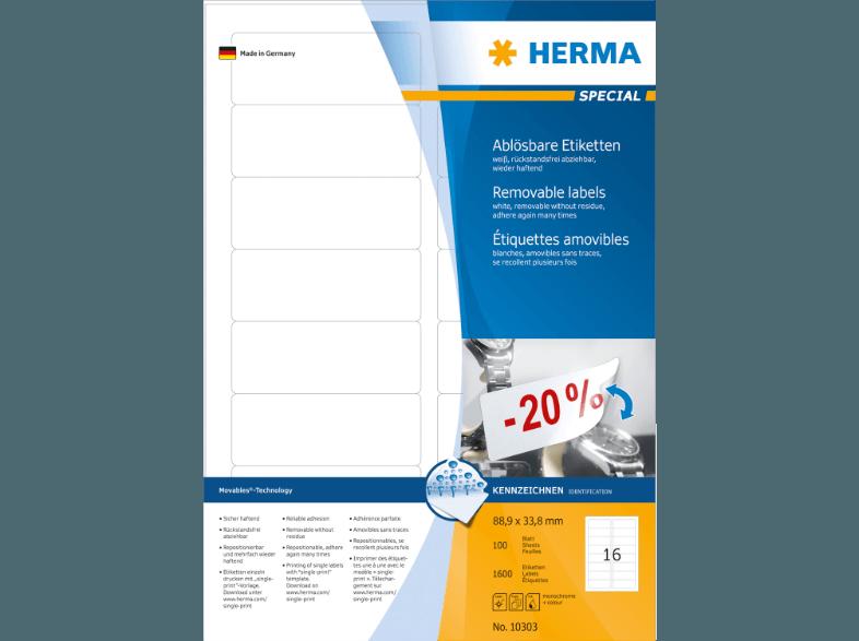 HERMA 10303 Ablösbare Etiketten 88.9x33.8 mm A4 1600 St., HERMA, 10303, Ablösbare, Etiketten, 88.9x33.8, mm, A4, 1600, St.