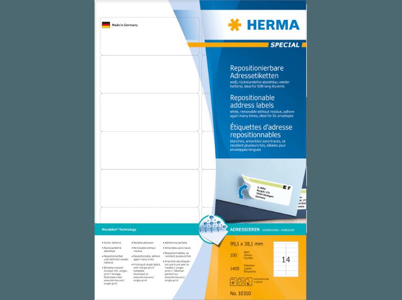 HERMA 10310 Repositionierbare Adressetiketten 99.1x38.1 mm A4 1400 St., HERMA, 10310, Repositionierbare, Adressetiketten, 99.1x38.1, mm, A4, 1400, St.