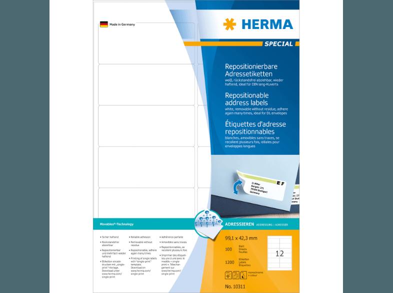 HERMA 10311 Repositionierbare Adressetiketten 99.1x42.3 mm A4 1200 St., HERMA, 10311, Repositionierbare, Adressetiketten, 99.1x42.3, mm, A4, 1200, St.