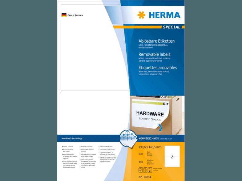 HERMA 10314 Ablösbare Etiketten 199.6x143.5 mm A4 200 St., HERMA, 10314, Ablösbare, Etiketten, 199.6x143.5, mm, A4, 200, St.