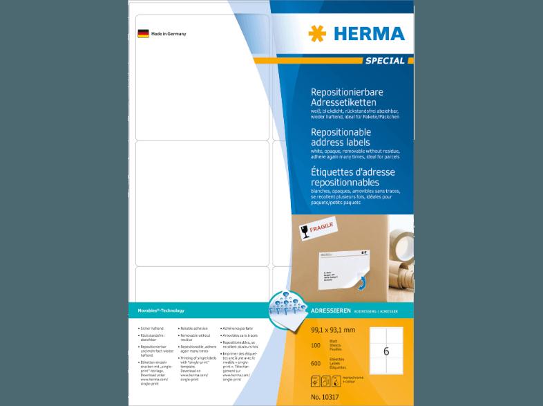 HERMA 10317 Repositionierbare Adressetiketten 99.1x93.1 mm A4 600 St., HERMA, 10317, Repositionierbare, Adressetiketten, 99.1x93.1, mm, A4, 600, St.