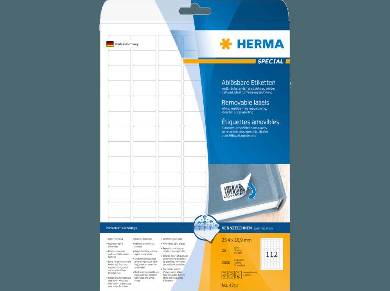 HERMA 4211 Ablösbare Etiketten 25.4x16.9 mm A4 2800 St., HERMA, 4211, Ablösbare, Etiketten, 25.4x16.9, mm, A4, 2800, St.