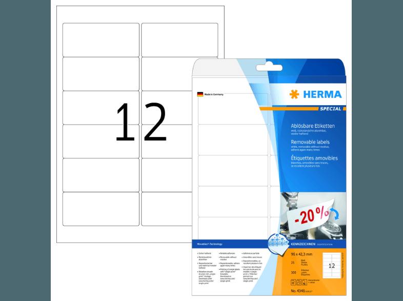 HERMA 4348 Ablösbare Etiketten 96x42.3 mm A4 300 St.