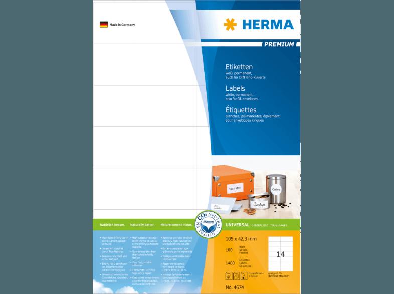 HERMA 4674 Etiketten Premium 105x42.3 mm A4 1400 St., HERMA, 4674, Etiketten, Premium, 105x42.3, mm, A4, 1400, St.