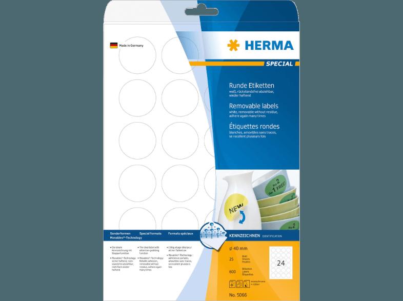 HERMA 5066 Ablösbare Etiketten rund Ø 40 mm A4 600 St., HERMA, 5066, Ablösbare, Etiketten, rund, Ø, 40, mm, A4, 600, St.