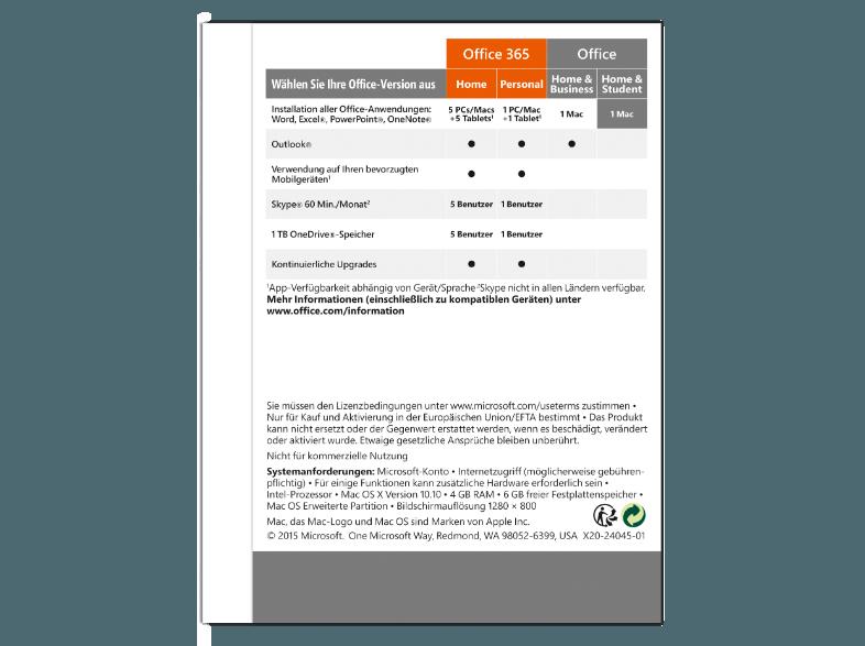 Microsoft Office Home and Student 2016 für Mac (Code in a Box)