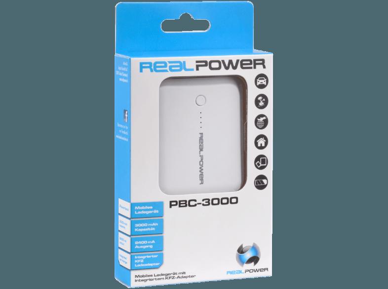 REALPOWER PBC-3000 Powerbank, Kfz Ladeadapter 3000 mAh Weiß