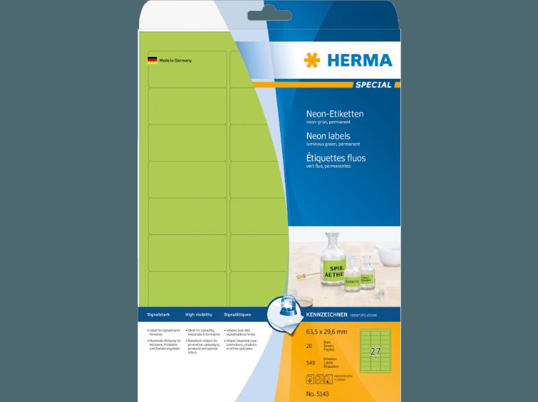 HERMA 5143 Neonetiketten 63.5x29.6 mm A4 540 St., HERMA, 5143, Neonetiketten, 63.5x29.6, mm, A4, 540, St.