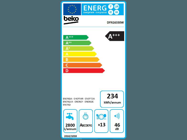 BEKO DFN 16330 W Geschirrspüler (A   , 600 mm breit, 46 dB (A), Weiß)