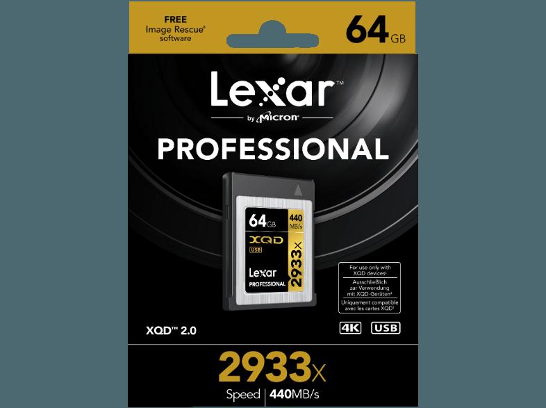 LEXAR Professional XQD, 64 GB, 2933x, bis zu 440 Mbit/s, LEXAR, Professional, XQD, 64, GB, 2933x, bis, 440, Mbit/s