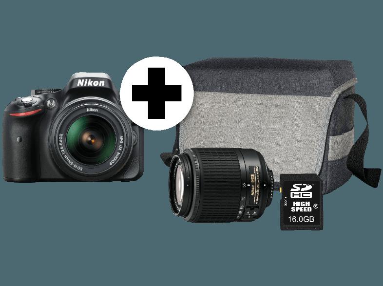 NIKON D5200   16 GB SD   Tasche Spiegelreflexkamera 24.1 Megapixel mit Objektiv 18-55 mm, 55-200 mm f/4-5,6, f/3,5-5,6, 7.5 cm Display
