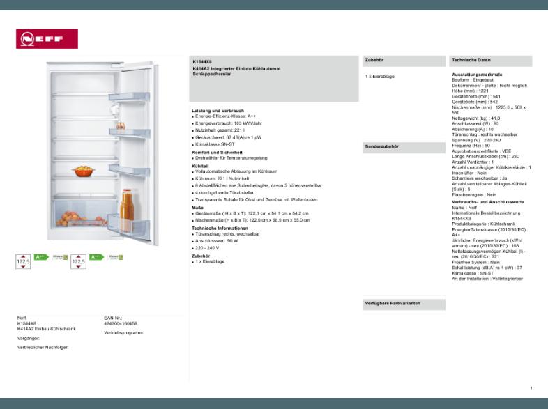 NEFF K1544X8 Kühlschrank (103 kWh/Jahr, A  , 1211 mm hoch, Weiß), NEFF, K1544X8, Kühlschrank, 103, kWh/Jahr, A, , 1211, mm, hoch, Weiß,