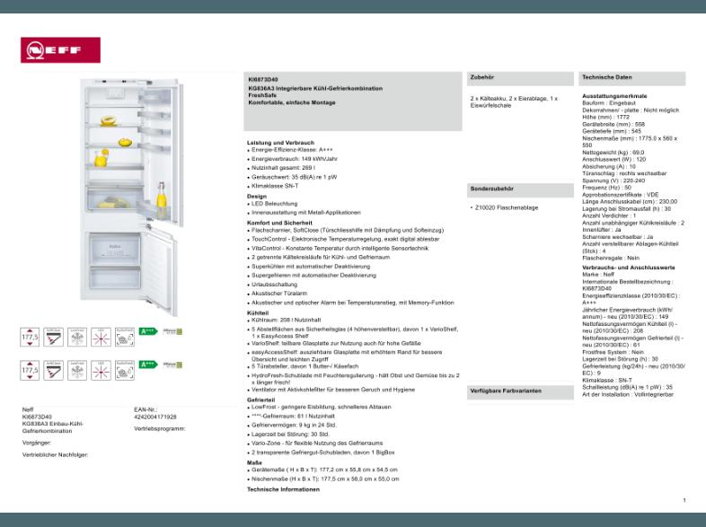 NEFF KI6873D40 Kühlgefrierkombination (149 kWh/Jahr, A   , 1772 mm hoch, Weiß)