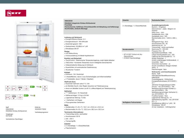 NEFF KI8423D30 Kühlschrank (184 kWh/Jahr, A  , 1221 mm hoch, Weiß)