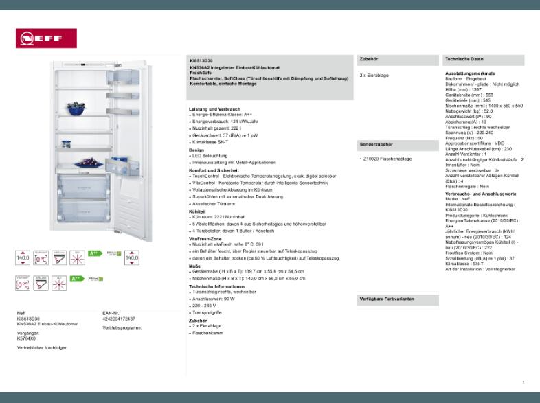 NEFF KI8513D30 Kühlschrank (124 kWh/Jahr, A  , 1397 mm hoch, Weiß)