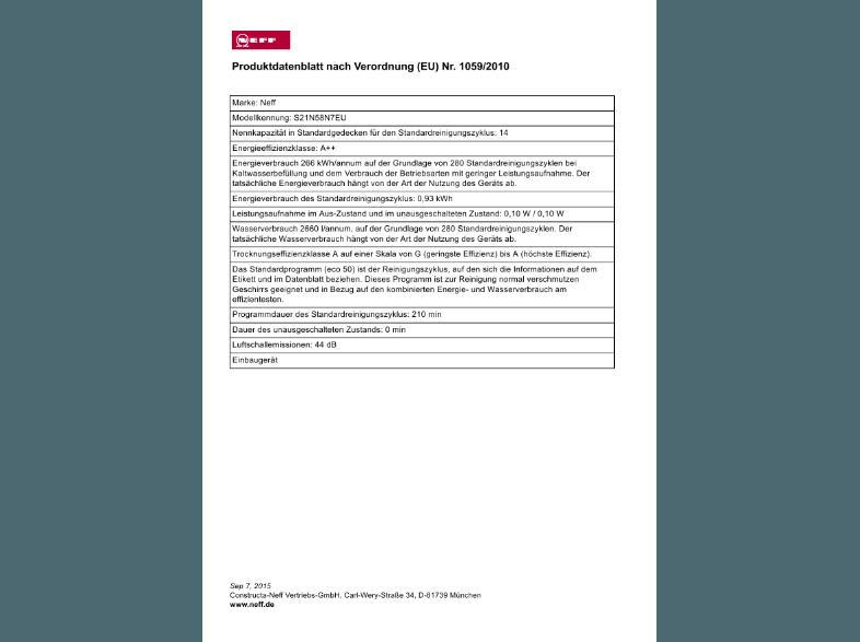 NEFF S21N58N7EU Geschirrspüler (A  , 598 mm breit, 44 dB (A), Edelstahl), NEFF, S21N58N7EU, Geschirrspüler, A, , 598, mm, breit, 44, dB, A, Edelstahl,