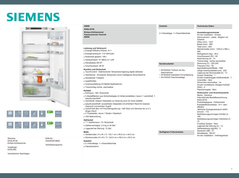 SIEMENS KF42LAF30 Kühlschrank (172 kWh/Jahr, A  , 1221 mm hoch, Weiß)