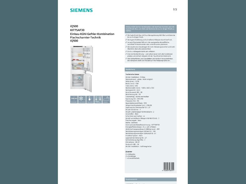 SIEMENS KI77SAF30 Kühlgefrierkombination (201 kWh/Jahr, A  , 1578 mm hoch, Weiß)