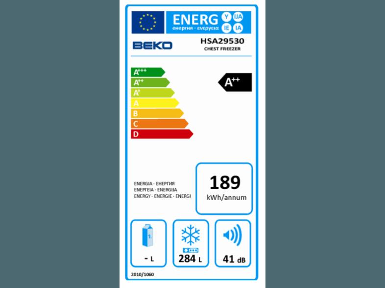 BEKO HSA 29530 Gefriertruhe (189 kWh/Jahr, A  , 284 Liter), BEKO, HSA, 29530, Gefriertruhe, 189, kWh/Jahr, A, , 284, Liter,