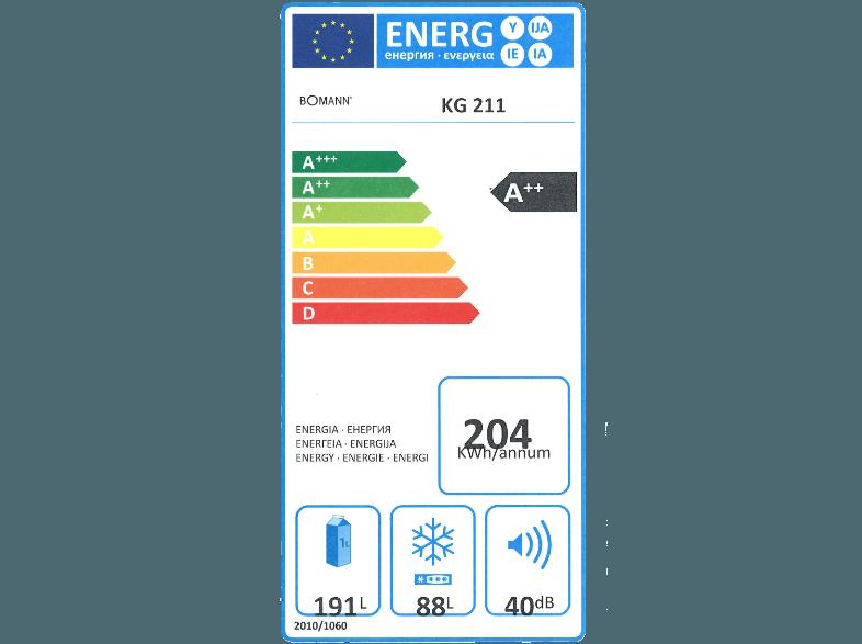 BOMANN KG 211 Kühlgefrierkombination (204 kWh/Jahr, A  , 1760 mm hoch, Beige), BOMANN, KG, 211, Kühlgefrierkombination, 204, kWh/Jahr, A, , 1760, mm, hoch, Beige,