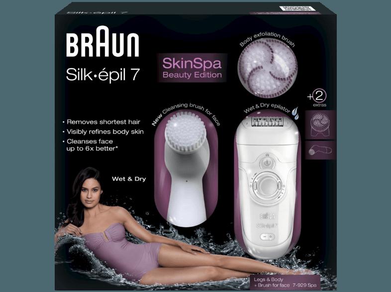 BRAUN 7929 wet&dry Silk-épil 7 Skin Spa inkl. Gesichtsreinigungs-Bürste Wet&Dry Epilierer mit Sonic Peeling Bürste weiß/lila