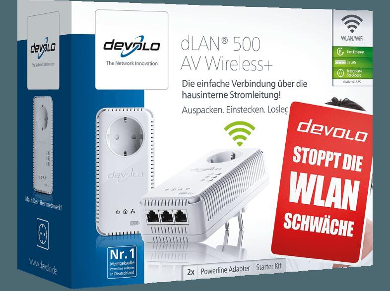 DEVOLO 1825 dLAN® 500 AV Wireless  Powerline Starter Kit HomePlug Modem mit integriertem Access Point, DEVOLO, 1825, dLAN®, 500, AV, Wireless, Powerline, Starter, Kit, HomePlug, Modem, integriertem, Access, Point