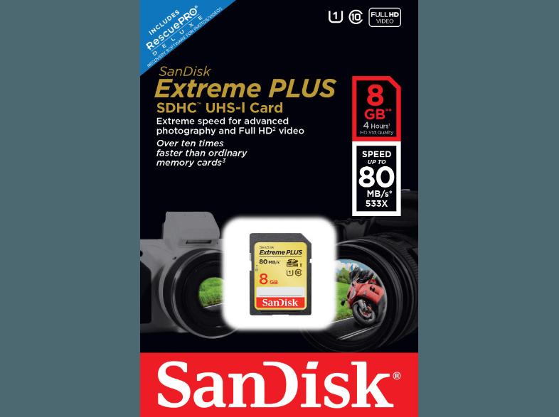 SANDISK SDHC Extreme Plus 8GB, Class 10, UHS-I, 80MB/Sec , Class 10, 8 GB, SANDISK, SDHC, Extreme, Plus, 8GB, Class, 10, UHS-I, 80MB/Sec, Class, 10, 8, GB