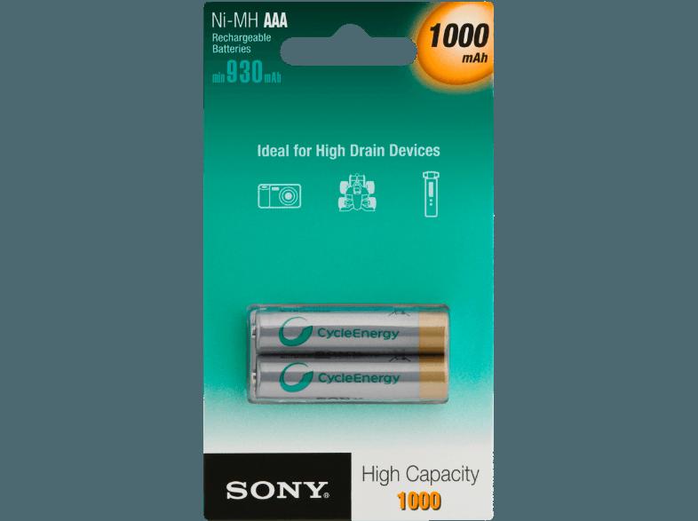 SONY Nickel-Metallhydrid Akkus, 2er Blister AAA Micro, Ni-MH, 1,2 V, High Capacity, 1000 mAh Akku AAA Micro, Ni-MH